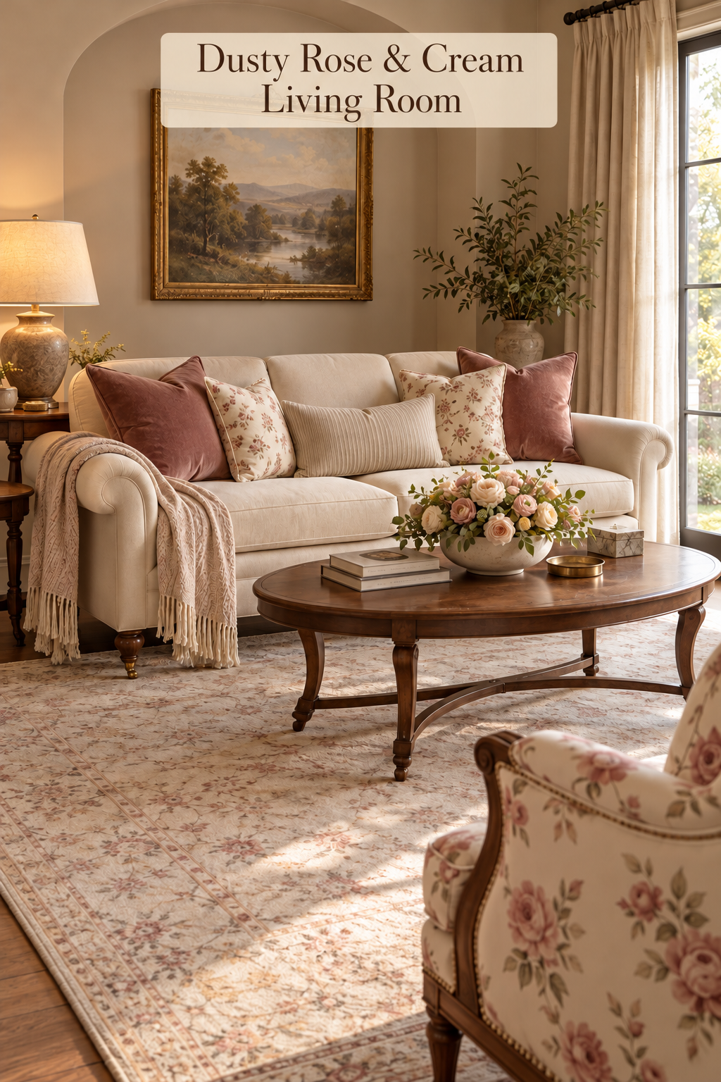 Cream sofa with rose pillows, an oval coffee table, low flowers and a floral armchair.