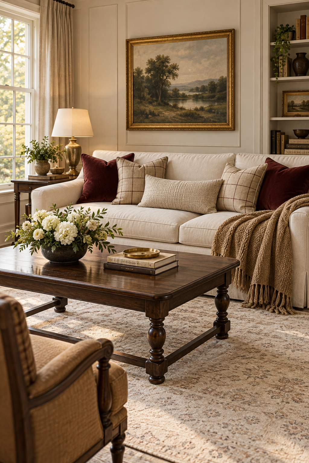 Ivory sofa with burgundy and checked pillows, a brown throw and a dark coffee table.