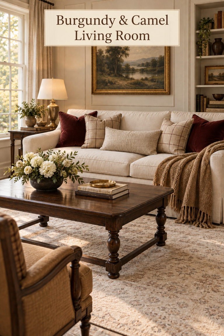 Ivory sofa with burgundy and checked pillows, a brown throw and a dark coffee table.