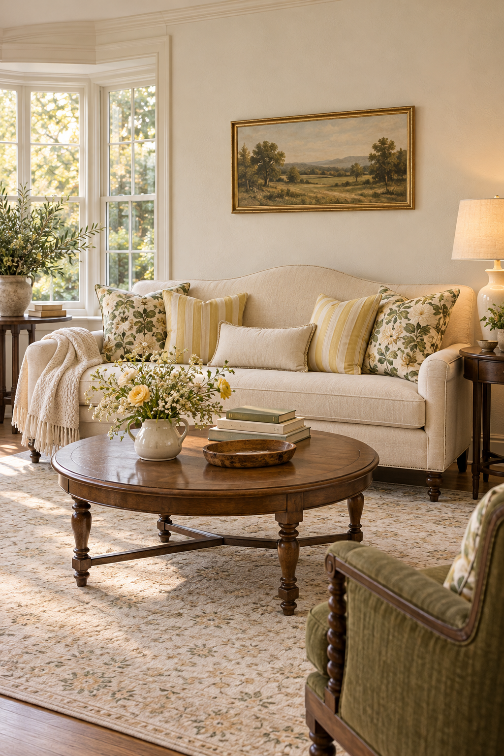 Cream sofa with yellow striped and olive floral pillows beside a round wood coffee table.