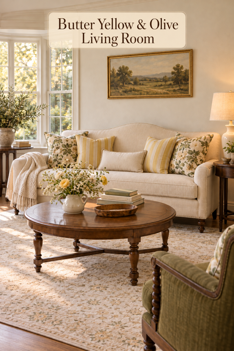 Cream sofa with yellow striped and olive floral pillows beside a round wood coffee table.