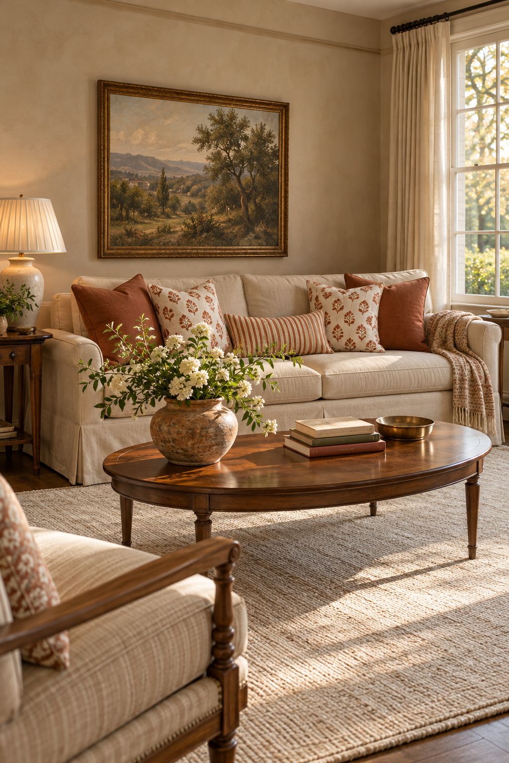 Oatmeal sofa with terracotta pillows behind an oval wood table and rounded pottery vase.