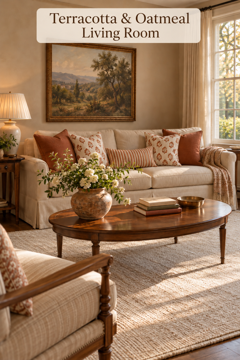 Oatmeal sofa with terracotta pillows behind an oval wood table and rounded pottery vase.