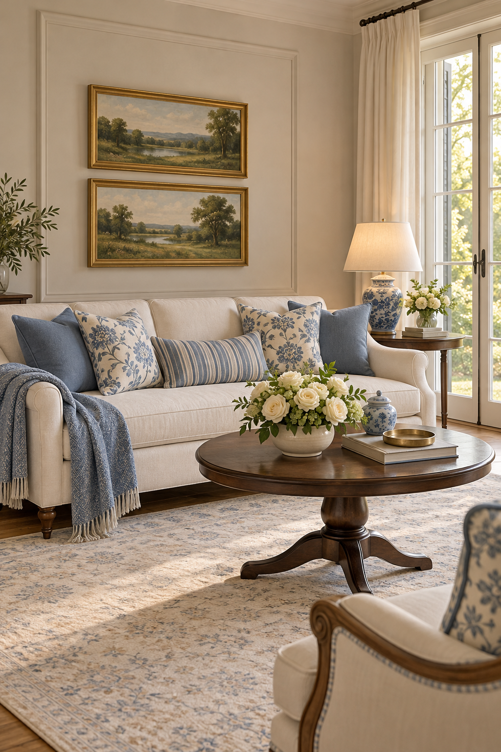Ivory sofa with blue floral pillows and a throw, beside cream roses and a porcelain lamp.