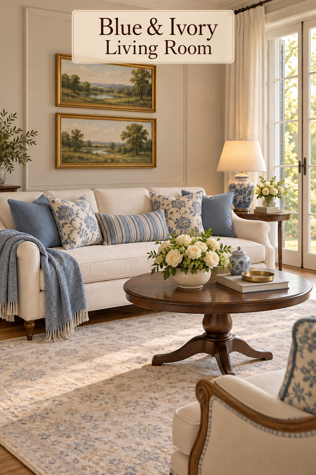 Ivory sofa with blue floral pillows and a throw, beside cream roses and a porcelain lamp.