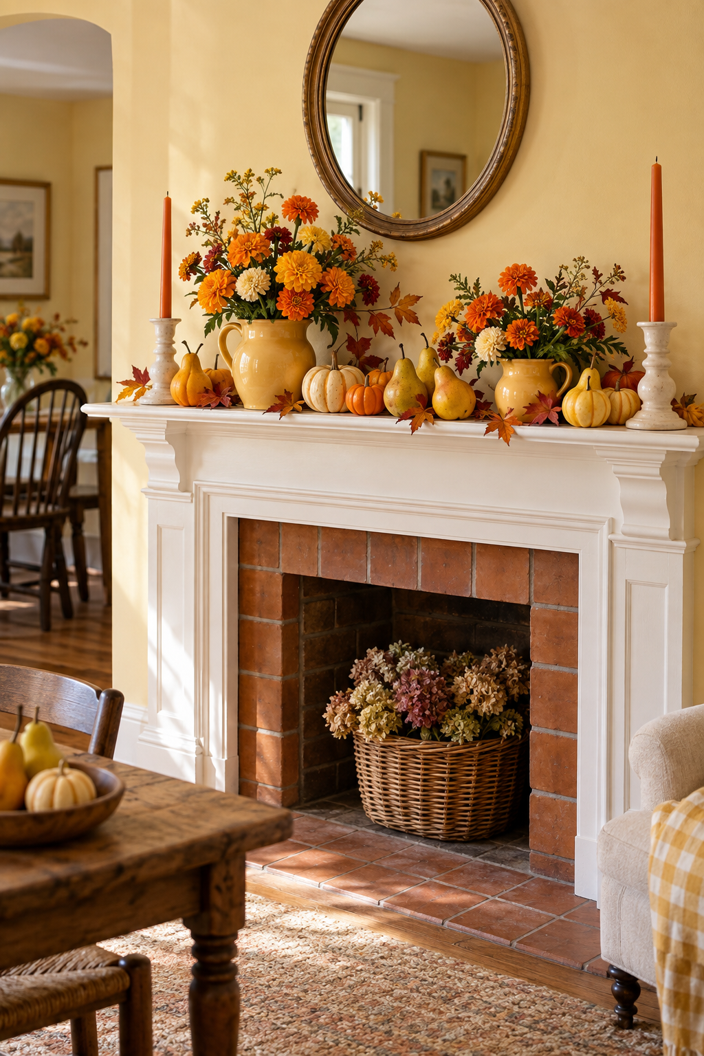 Yellow pitchers of orange flowers with pears, pumpkins and tapers on a white mantel.