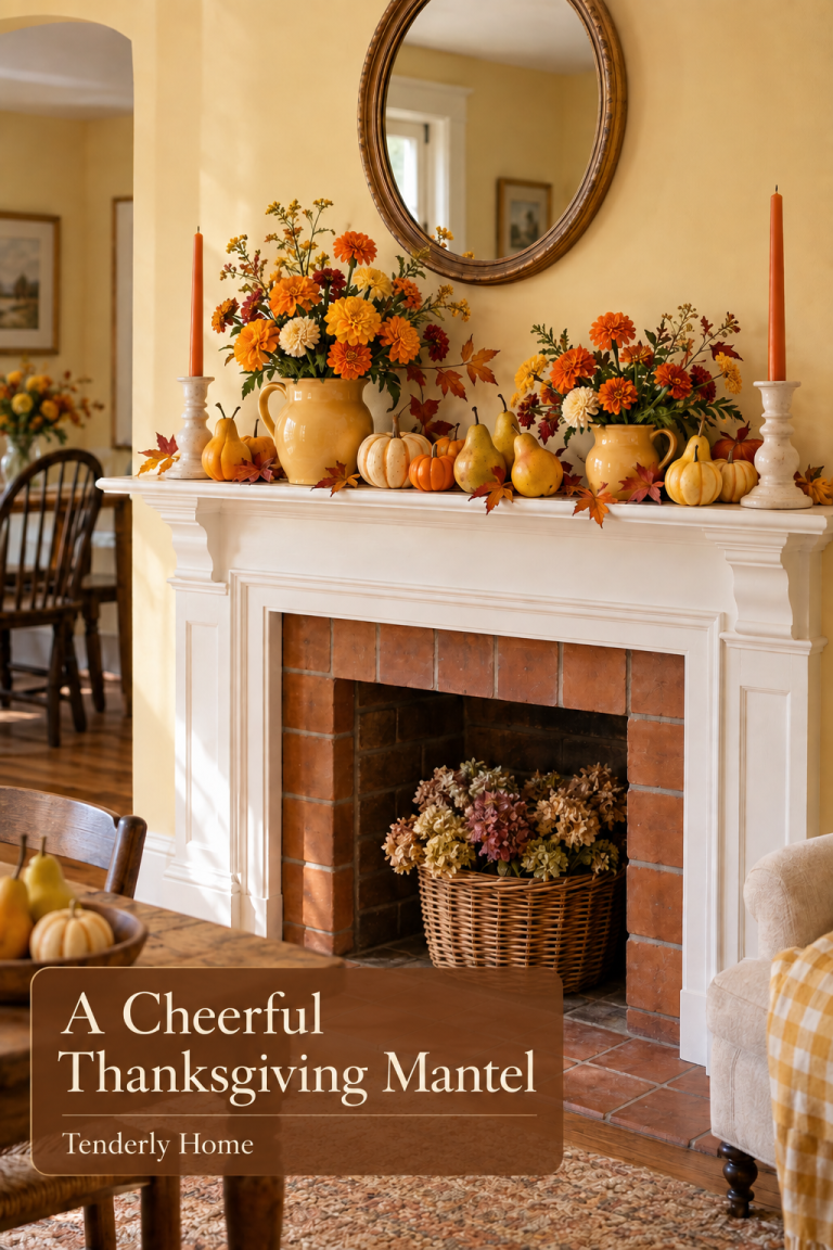 Yellow pitchers of orange flowers with pears, pumpkins and tapers on a white mantel.