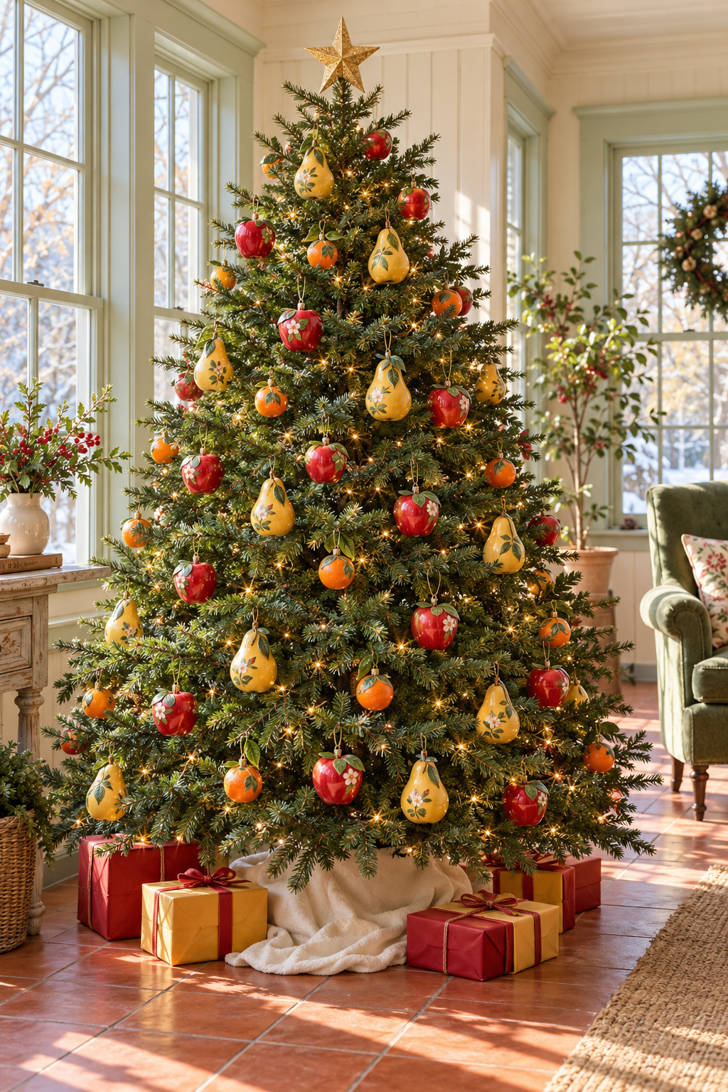 Christmas tree with painted pear, apple and orange ornaments in a bright sunroom.