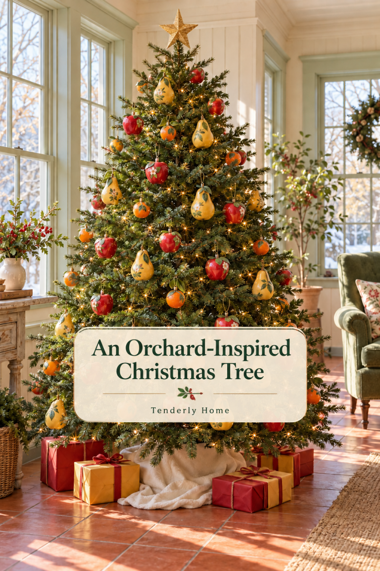 Christmas tree with painted pear, apple and orange ornaments in a bright sunroom.