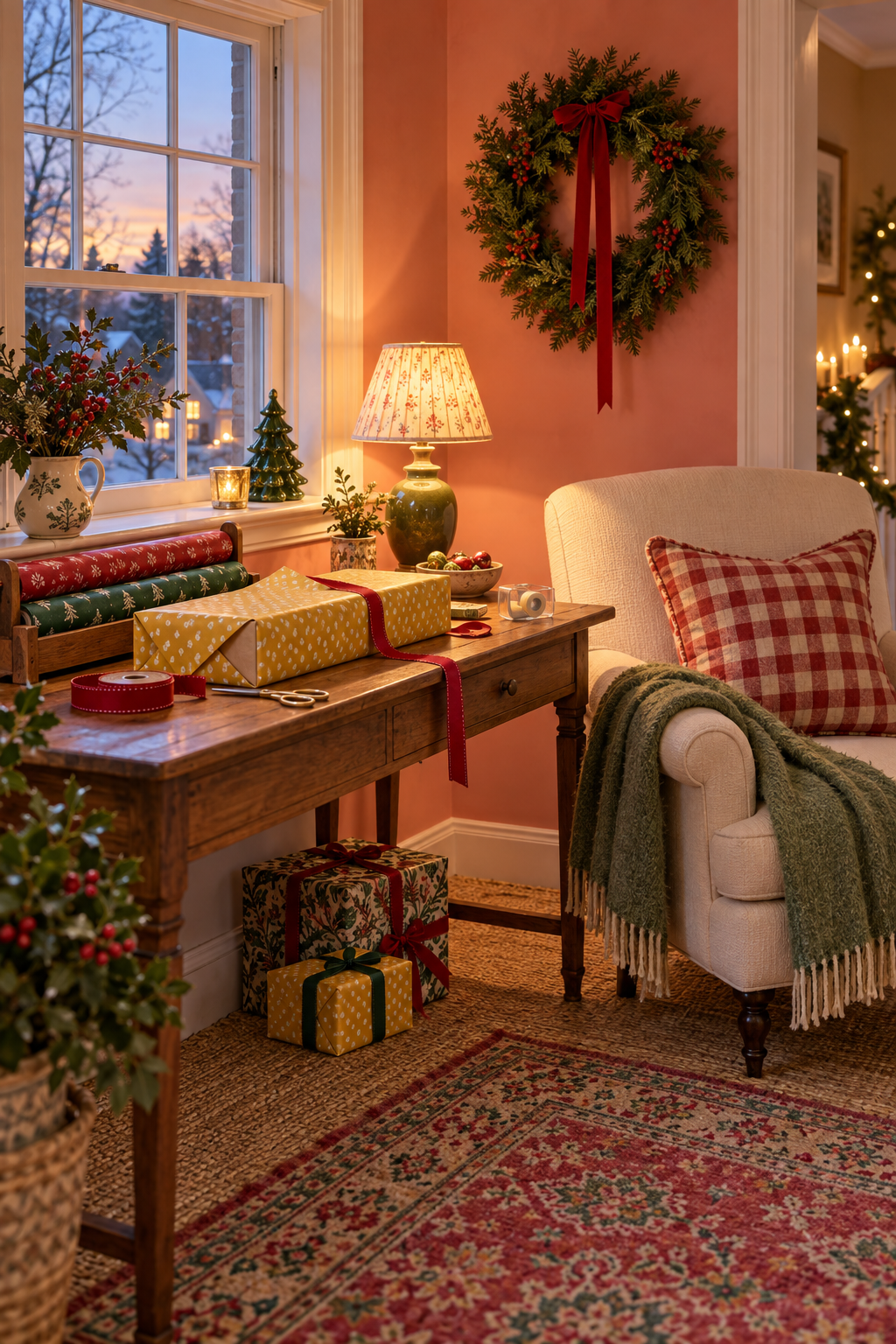 Yellow gift and red ribbon on a wooden table beside a cream chair and Christmas wreath.