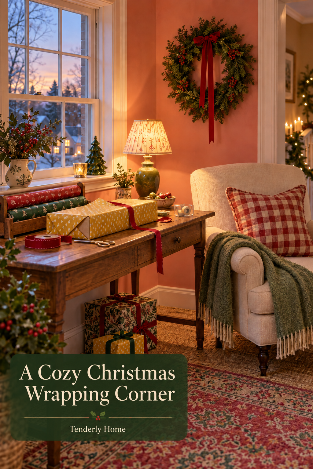 Yellow gift and red ribbon on a wooden table beside a cream chair and Christmas wreath.