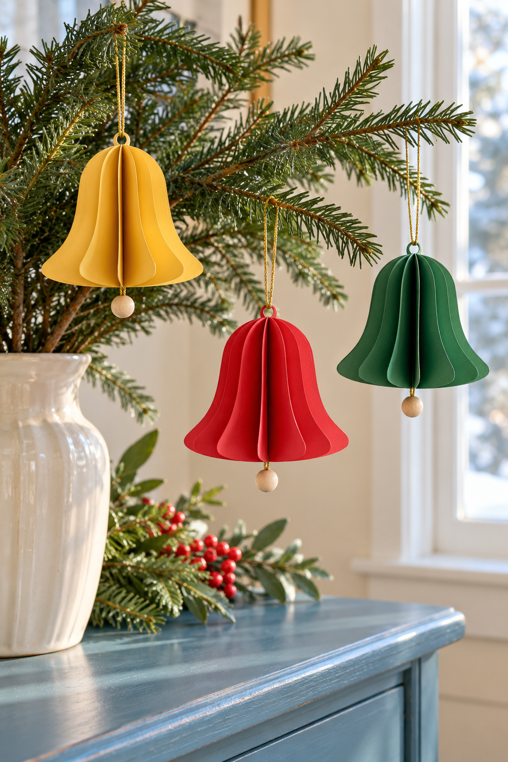 Yellow, red and green folded paper bells with wooden bead clappers hang from evergreen branches.