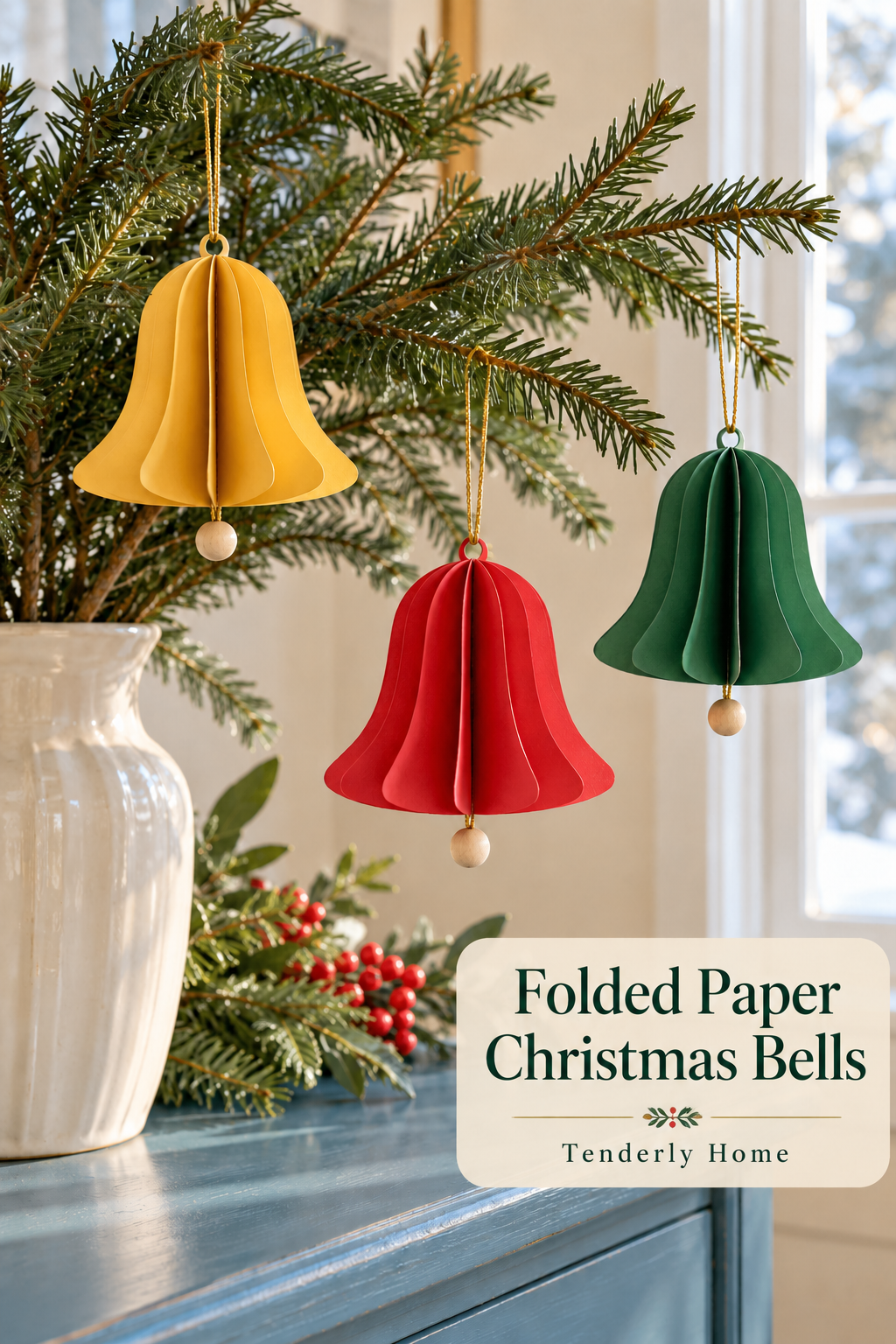 Yellow, red and green folded paper bells with wooden bead clappers hang from evergreen branches.