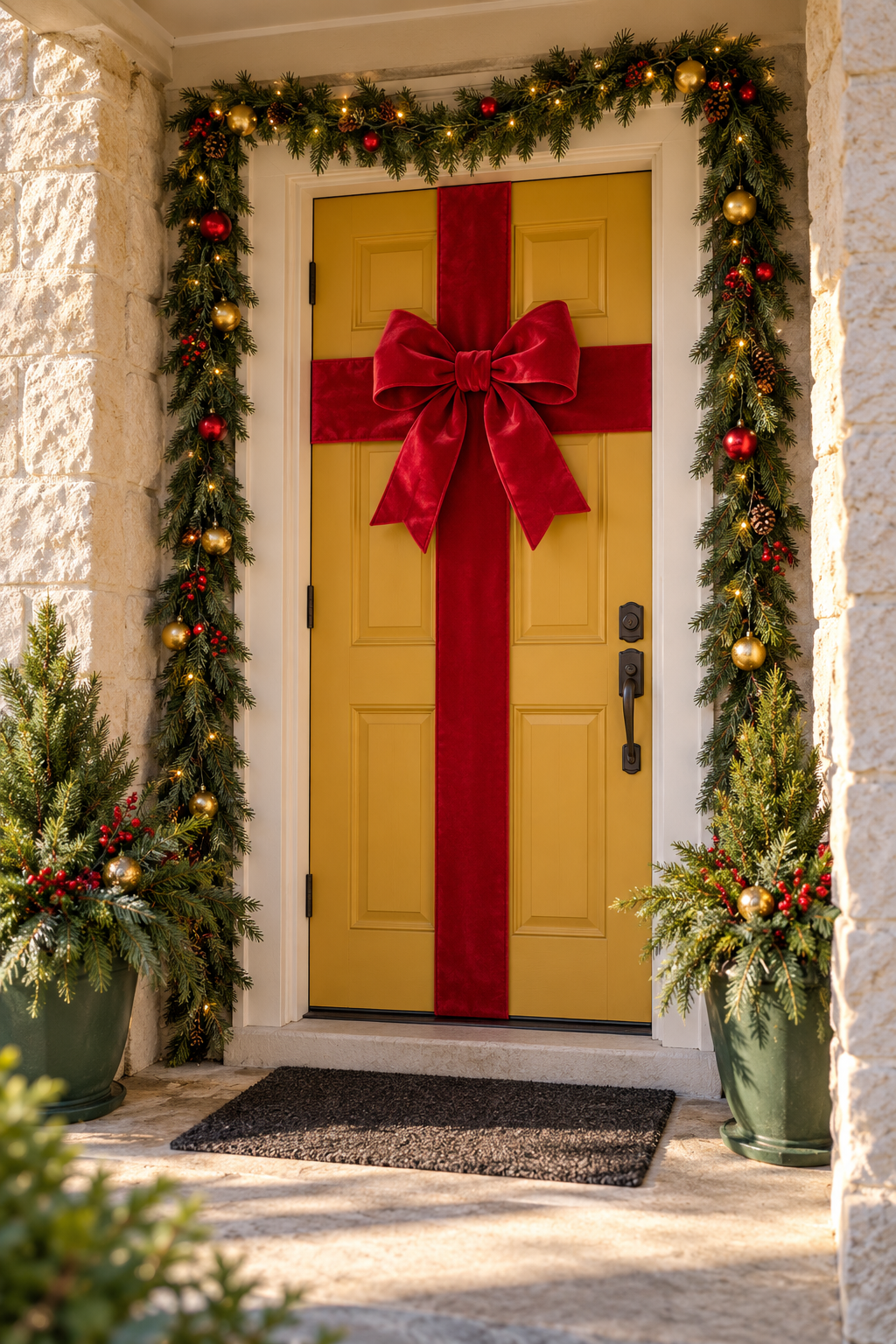 Yellow front door crossed with red ribbon and bow, framed by evergreen garland and green planters.