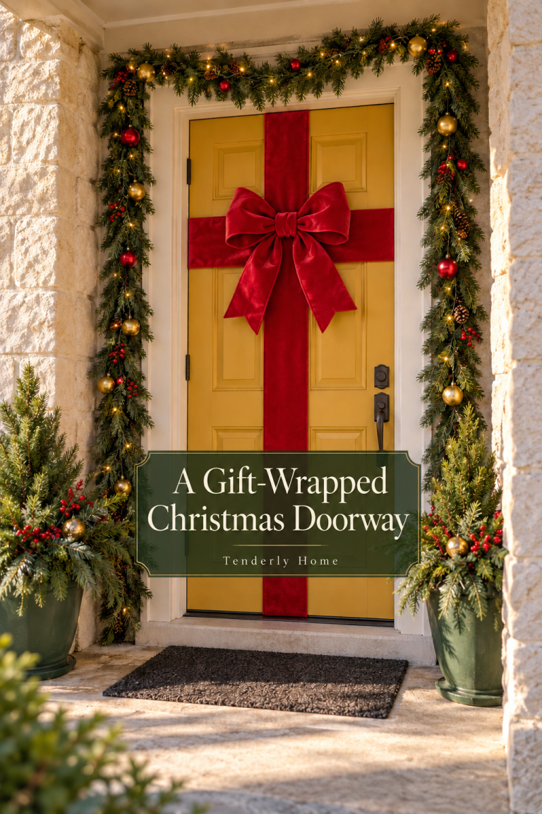 Yellow front door crossed with red ribbon and bow, framed by evergreen garland and green planters.