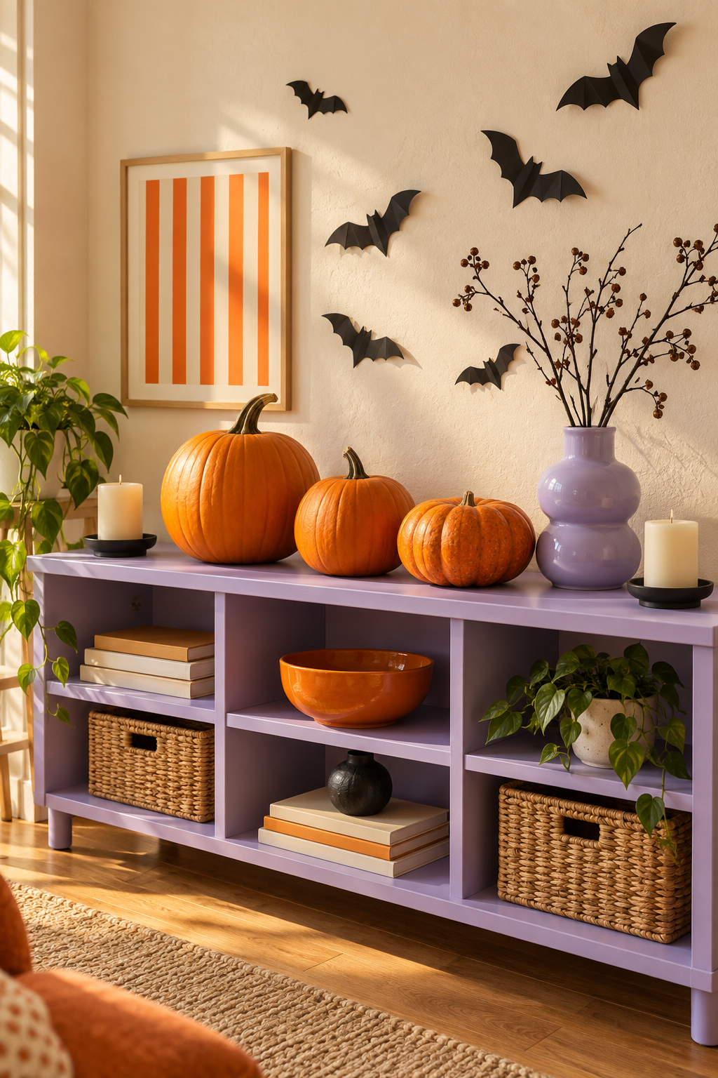 Orange pumpkins and a lilac vase on a lilac shelf beneath black wall bats and a striped print.