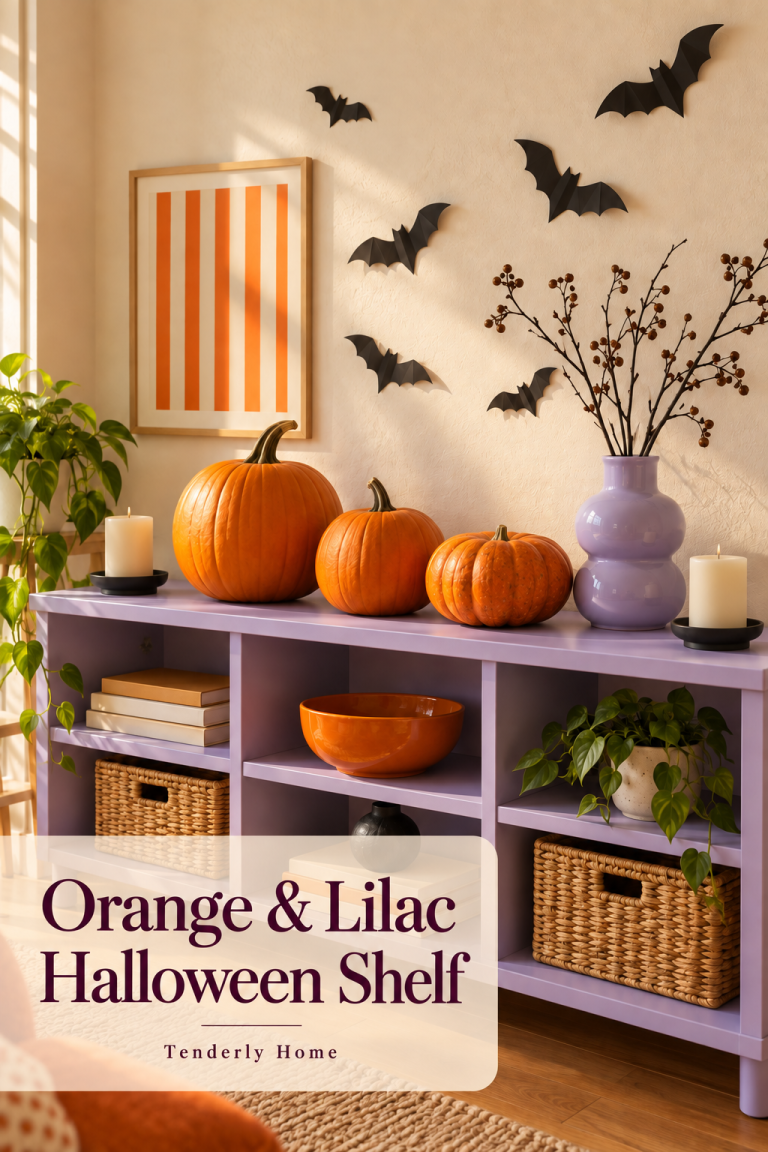 Orange pumpkins and a lilac vase on a lilac shelf beneath black wall bats and a striped print.