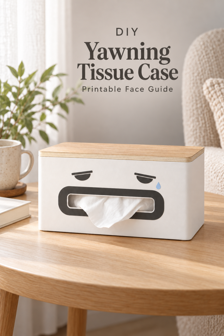 White tissue case with sleepy charcoal eyes, a blue tear and tissue emerging from its mouth.