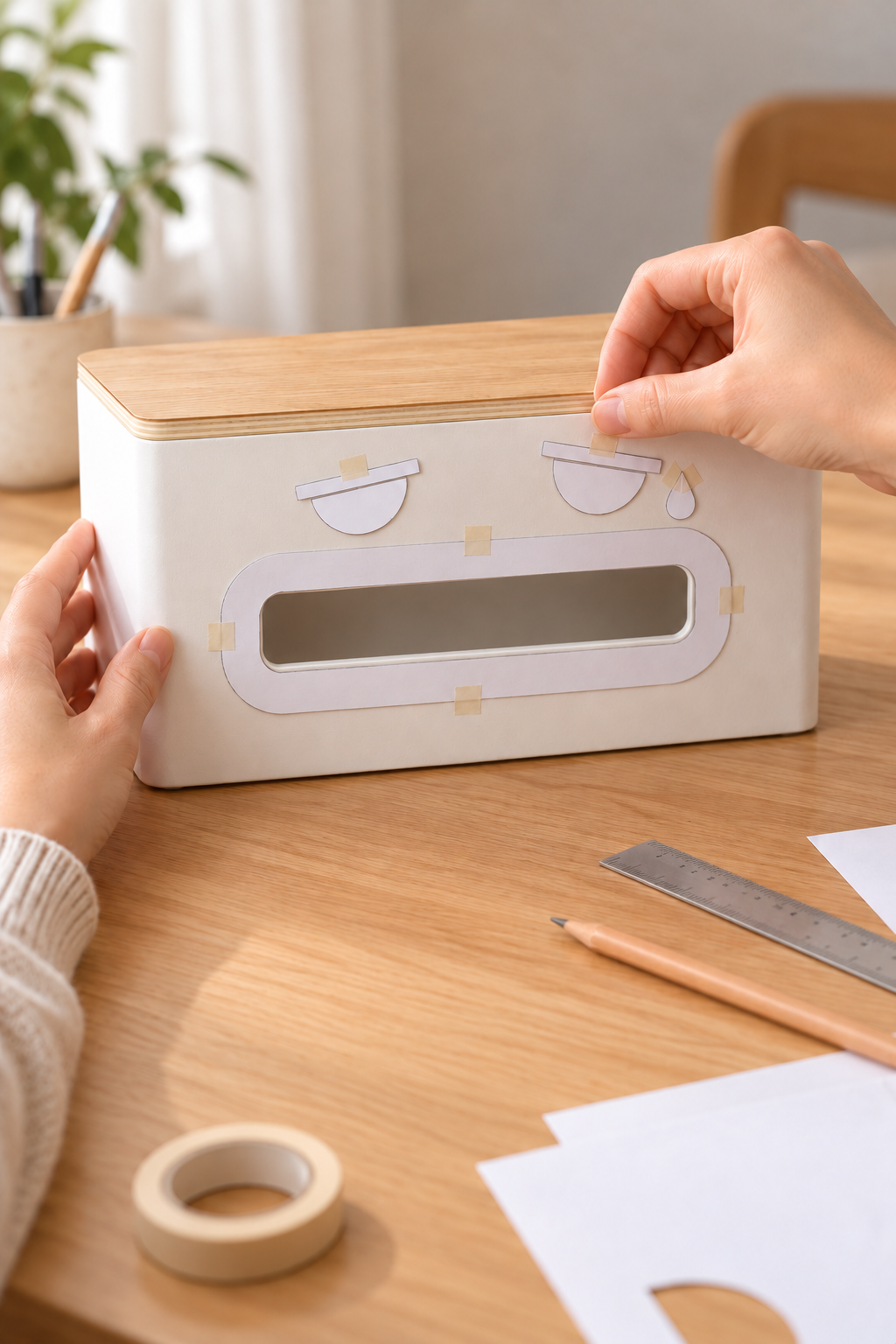 Hands position paper face templates around the open front slot of a white tissue case.