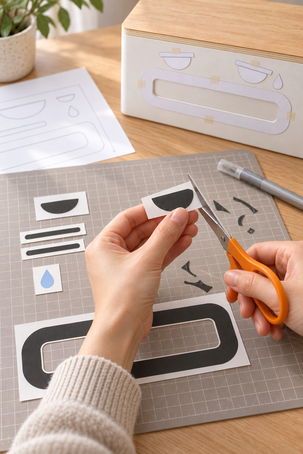 Scissors trim a charcoal vinyl eye beside the other backed face pieces on a cutting mat.