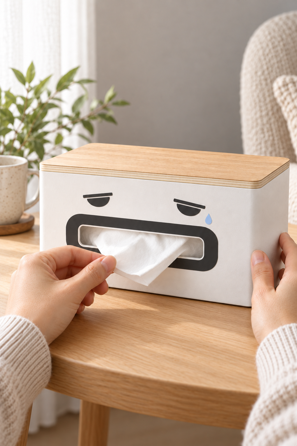 Hands steady the sleepy tissue case and pull a white tissue through its real front opening.